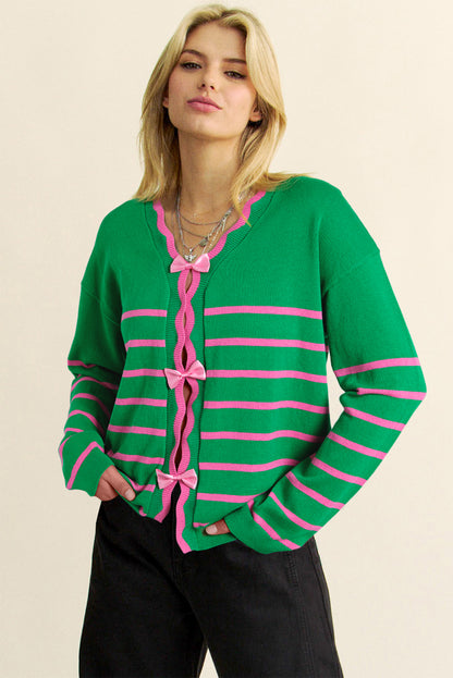 Charming Green Striped Knit Cardigan with Bow Detail