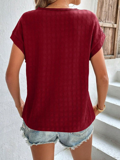 Textured Round Neck Short Sleeve Top.