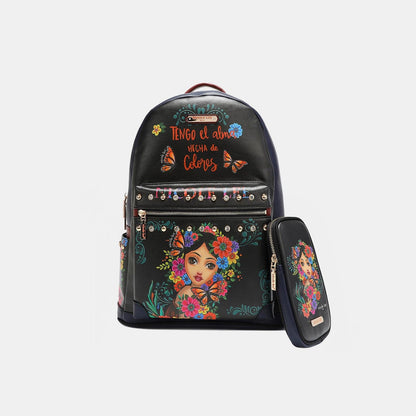 Chic printed vegan leather backpack with charging port and removable pouch