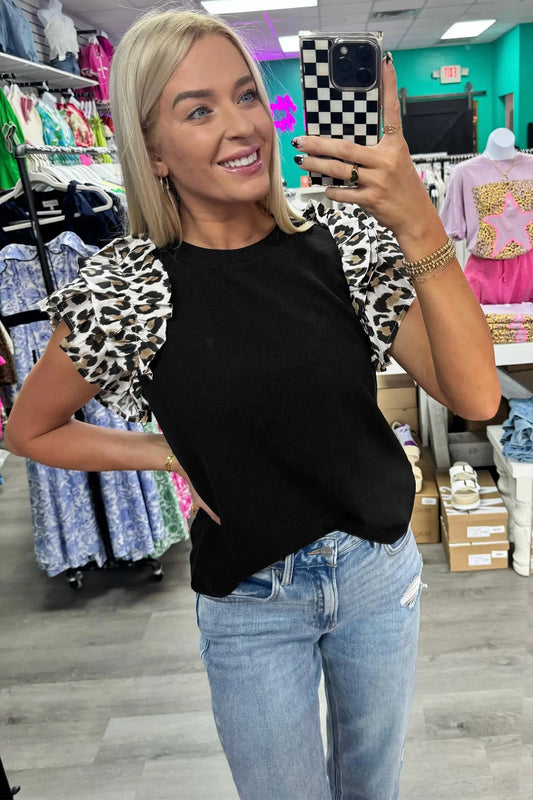Black Leopard Print Ruffled Short Sleeve Ribbed Knit Top Dear-Lover Dropshipping