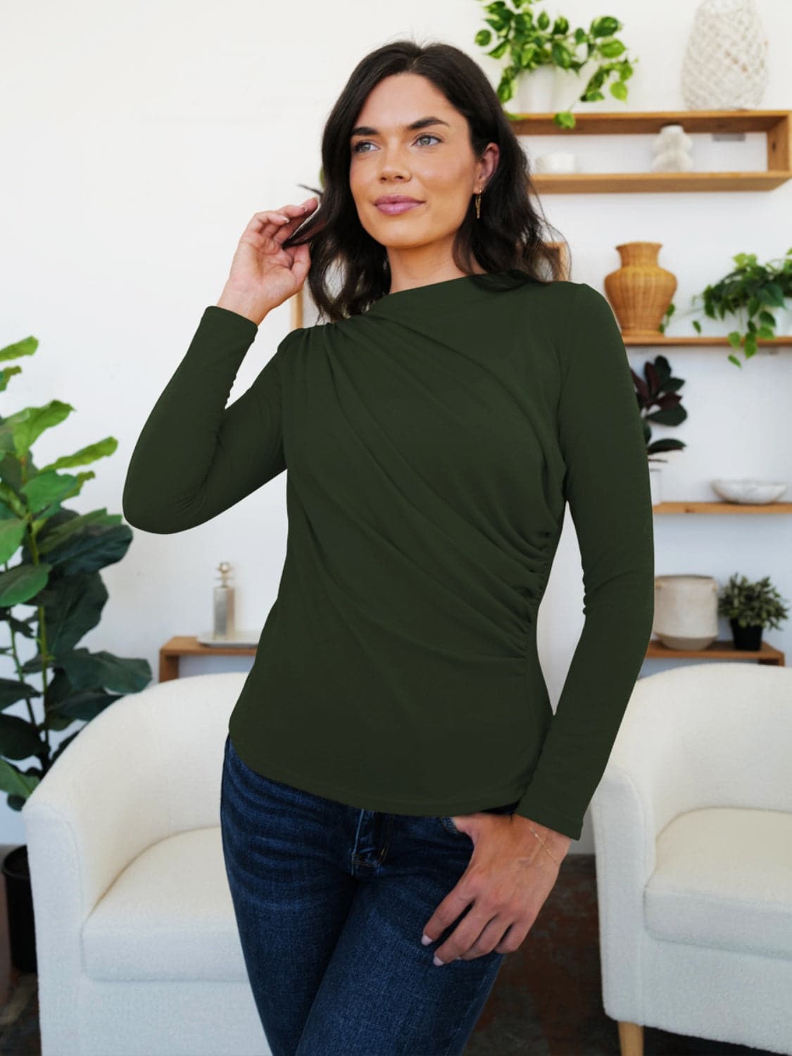 Ruched long sleeve mock neck tee