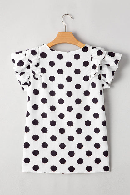 White Polka Dot Print V Neck Ruffle Blouse