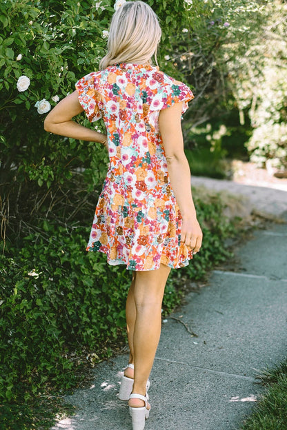 Ruffled Printed Cap Sleeve Mini Dress.