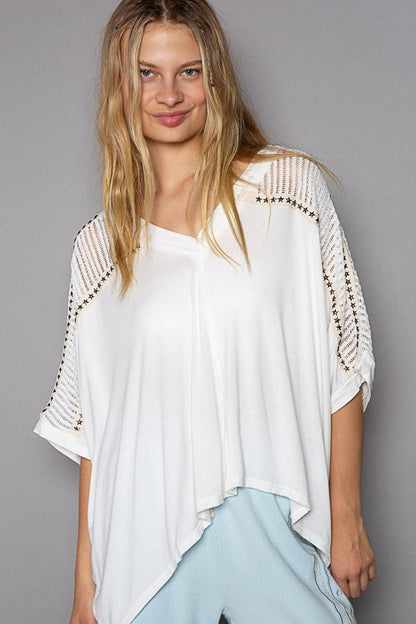 POL Oversize V-Neck Crochet Lace Contrast Studded Top.