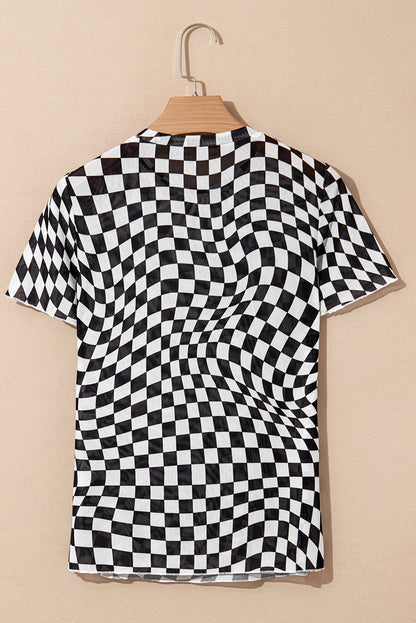 Black Checker Mesh Crew Neck T Shirt for Women Fashion