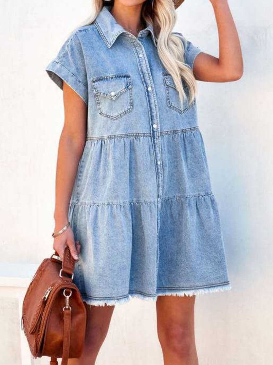 Raw Hem Short Sleeve Denim Dress.