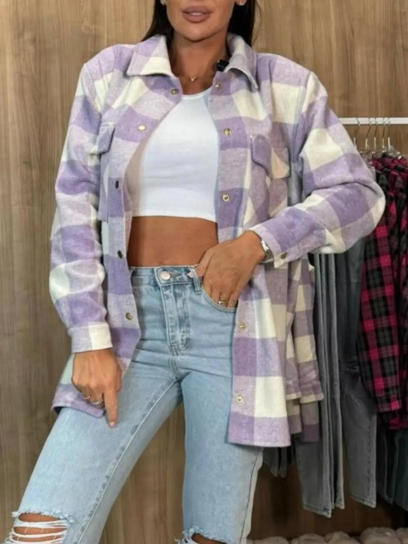 Pink Plaid Shacket With Button Front And Pockets Long Sleeve Simply Love