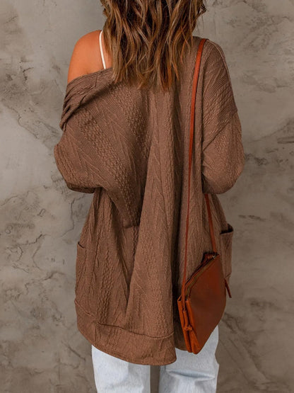 Pocketed Open Front Long Sleeve Cardigan.