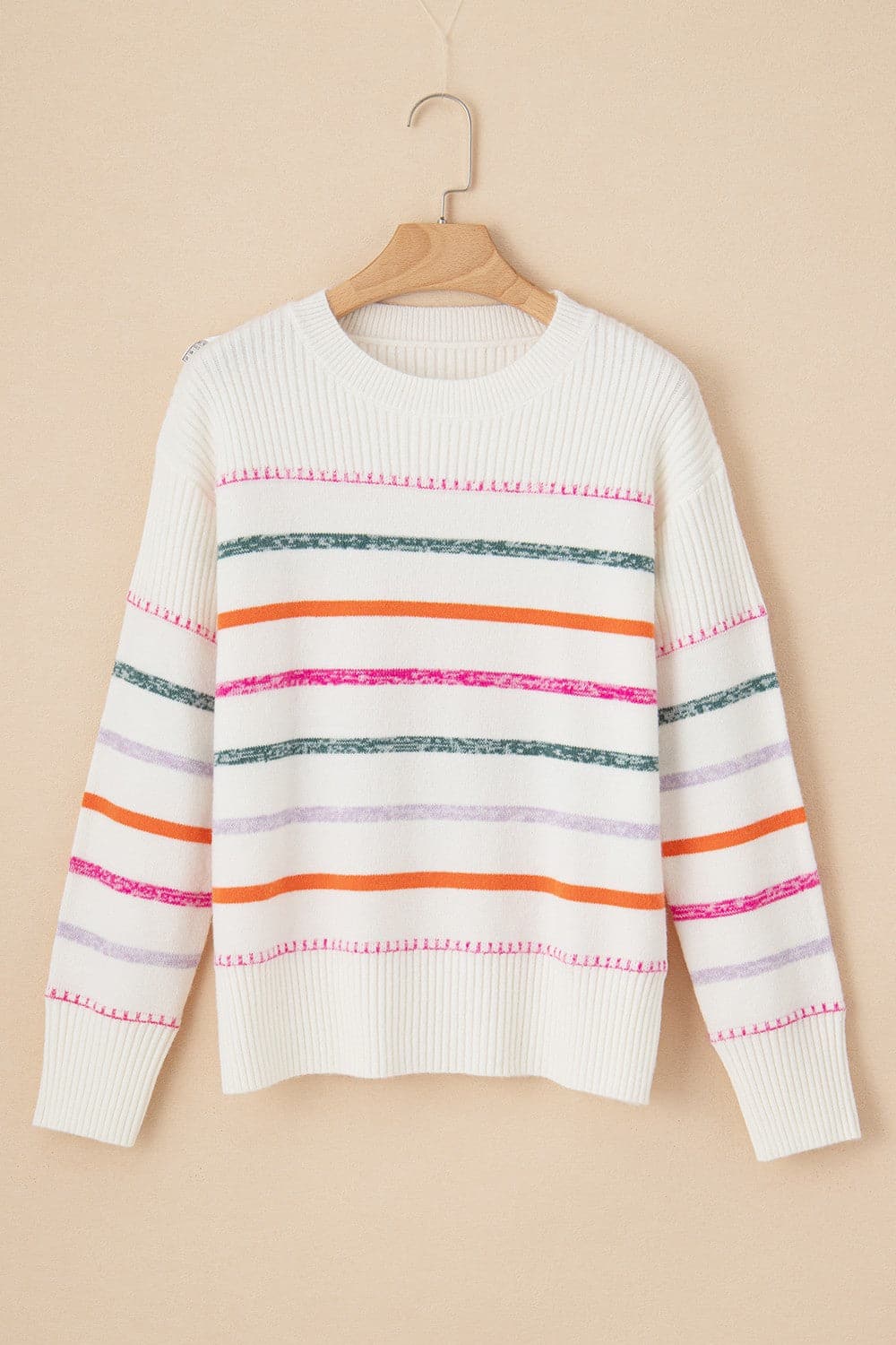 Striped Round Neck Dropped Shoulder Sweater.