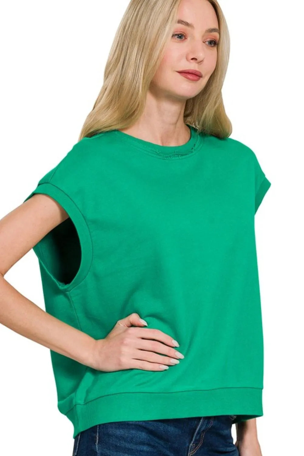 Zenana French Terry Round Neck Cap Sleeve T-Shirt - Love Salve 