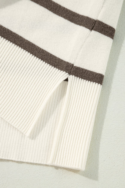 Brown Striped Crewneck Sweater Tee with Side Slits