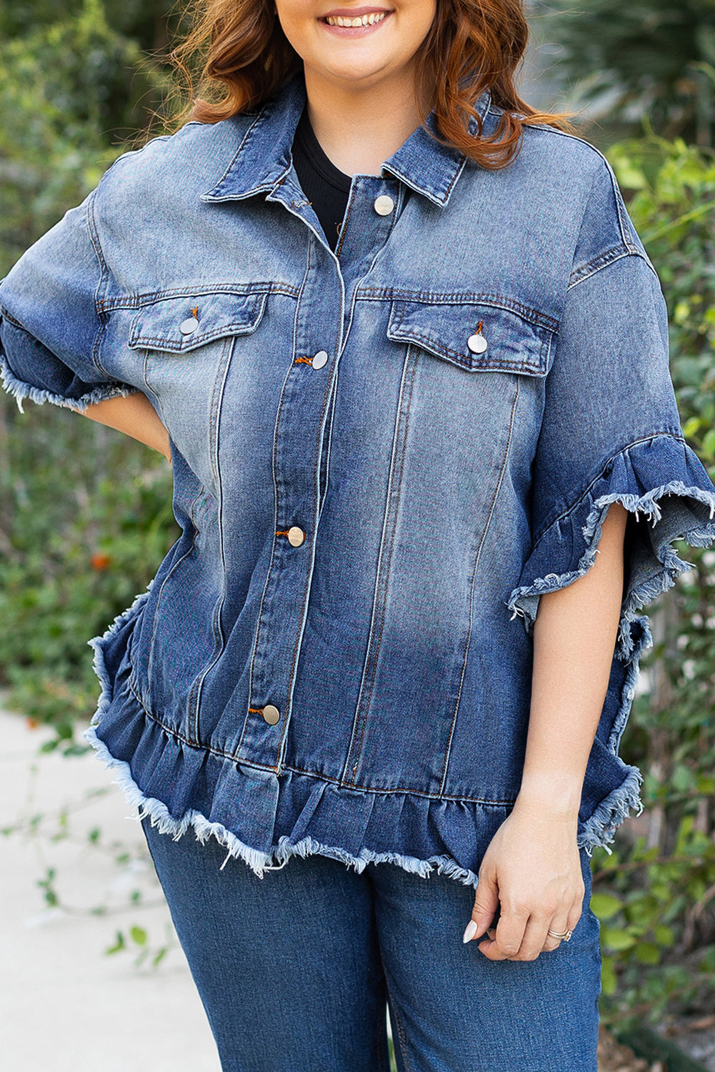 Peacock Blue Ruffled Denim Jacket Plus Size Short Sleeve Dear-Lover Dropshipping