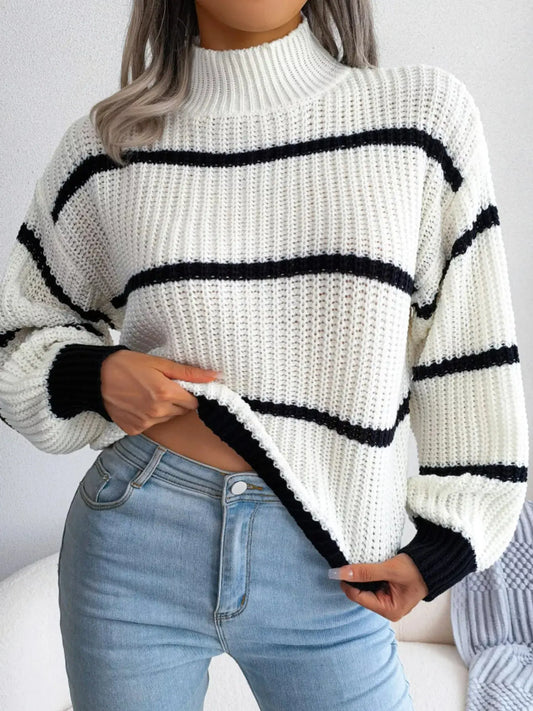Full Size Striped Mock Neck Knit Sweater Plus Size Simply Love