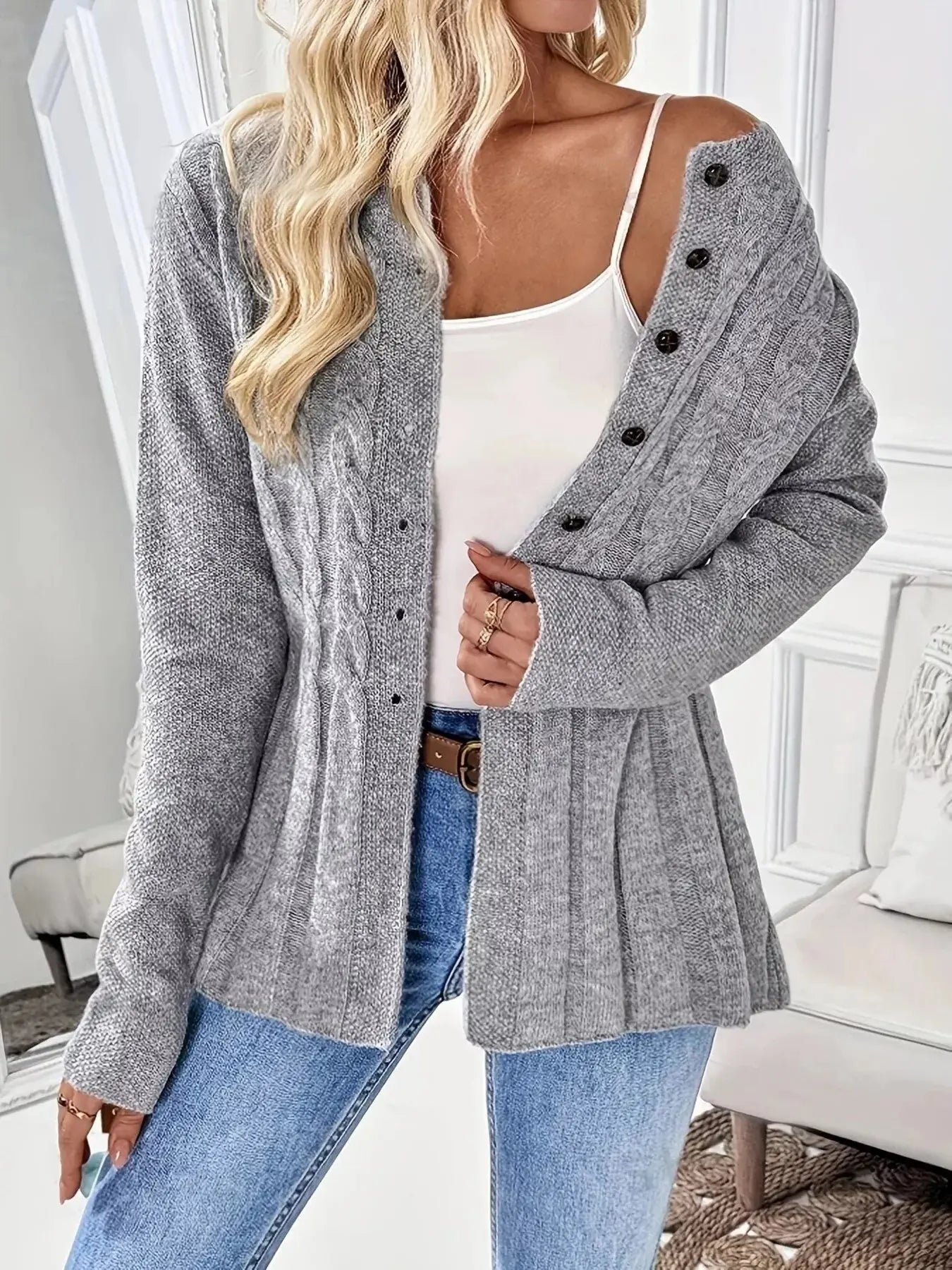Cable Knit Button Up Cardigan Simply Love