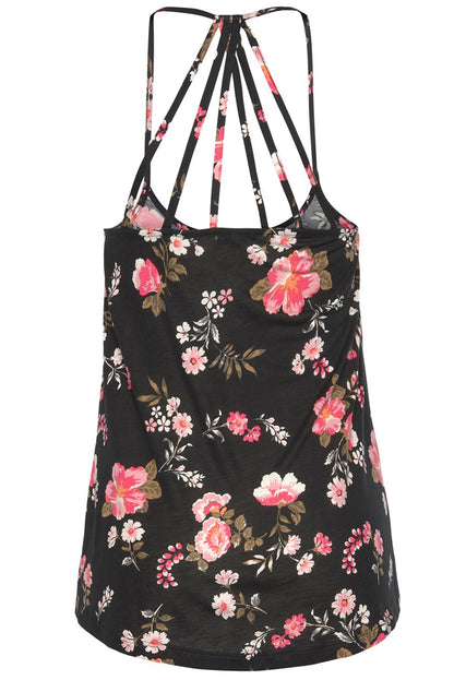 Chic black floral strappy tank top with daring back design