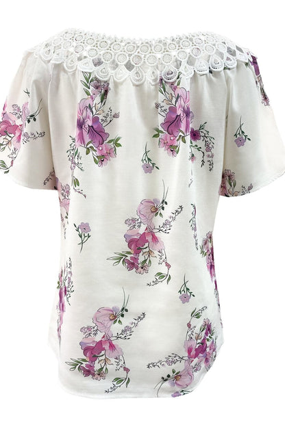 Full Size Printed Tie Neck Short Sleeve Blouse.