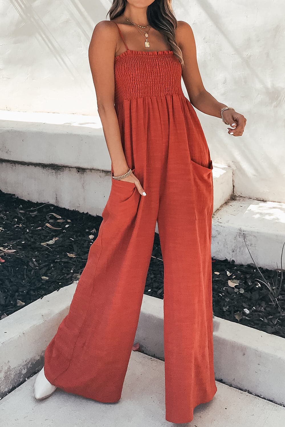 Smocked Spaghetti Strap Wide Leg Jumpsuit.