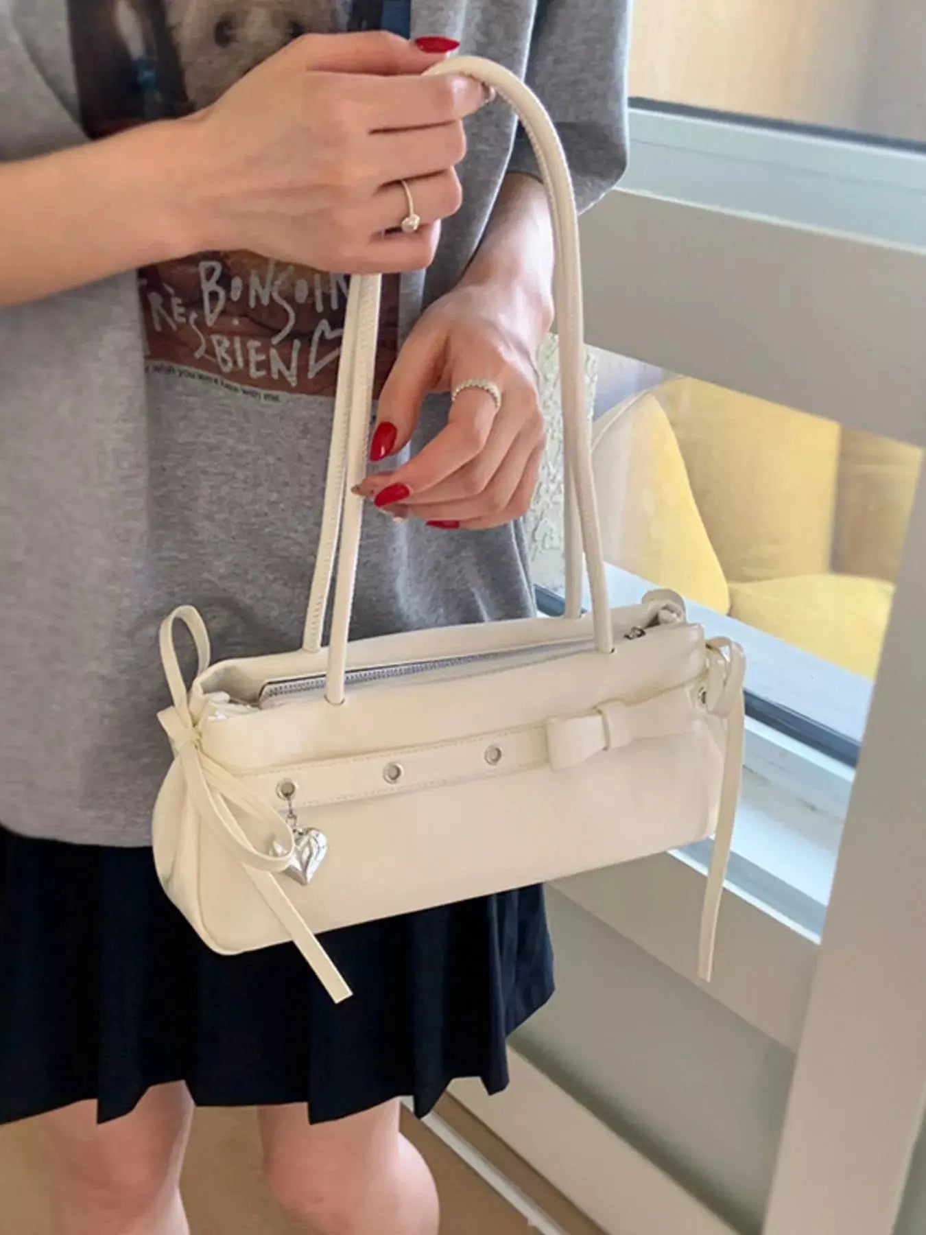 PU Leather Small Shoulder Bag With Heart Charm Elegant Tote Simply Love
