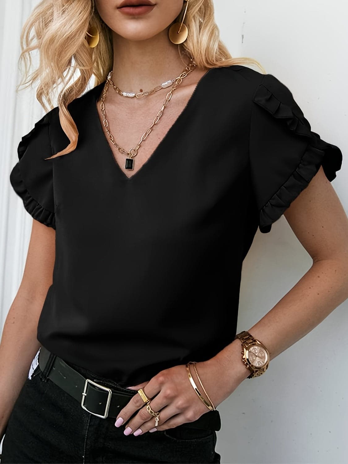 Frill V-Neck Short Sleeve Blouse.