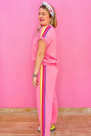 Bonbon Color Contrast Crewneck T Shirt and Wide Leg Pants Set