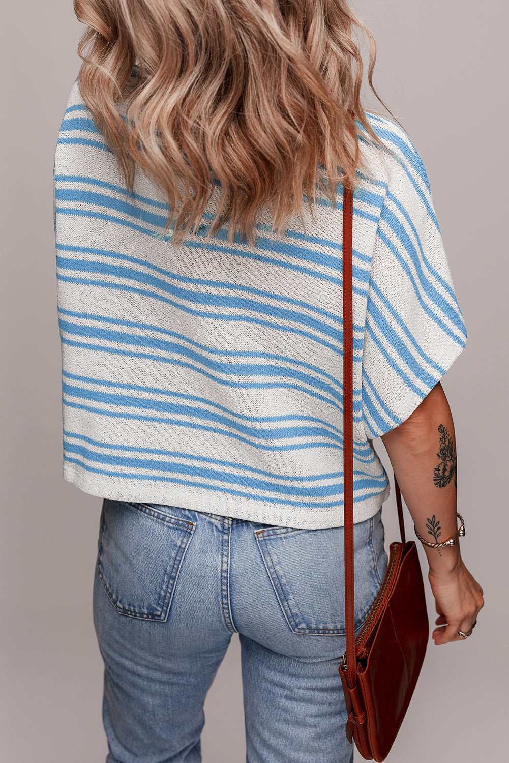 Sky Blue Striped Boxy Wide Sleeve Sweater Tee