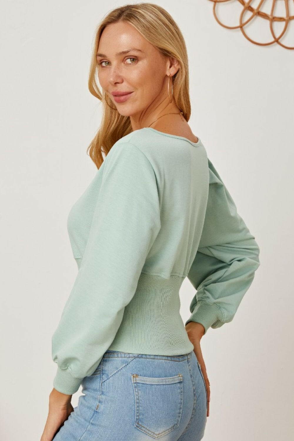 Boat Neck Lantern Sleeve Blouse.