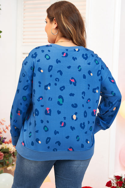 Sky blue leopard print drop shoulder pullover for effortless style