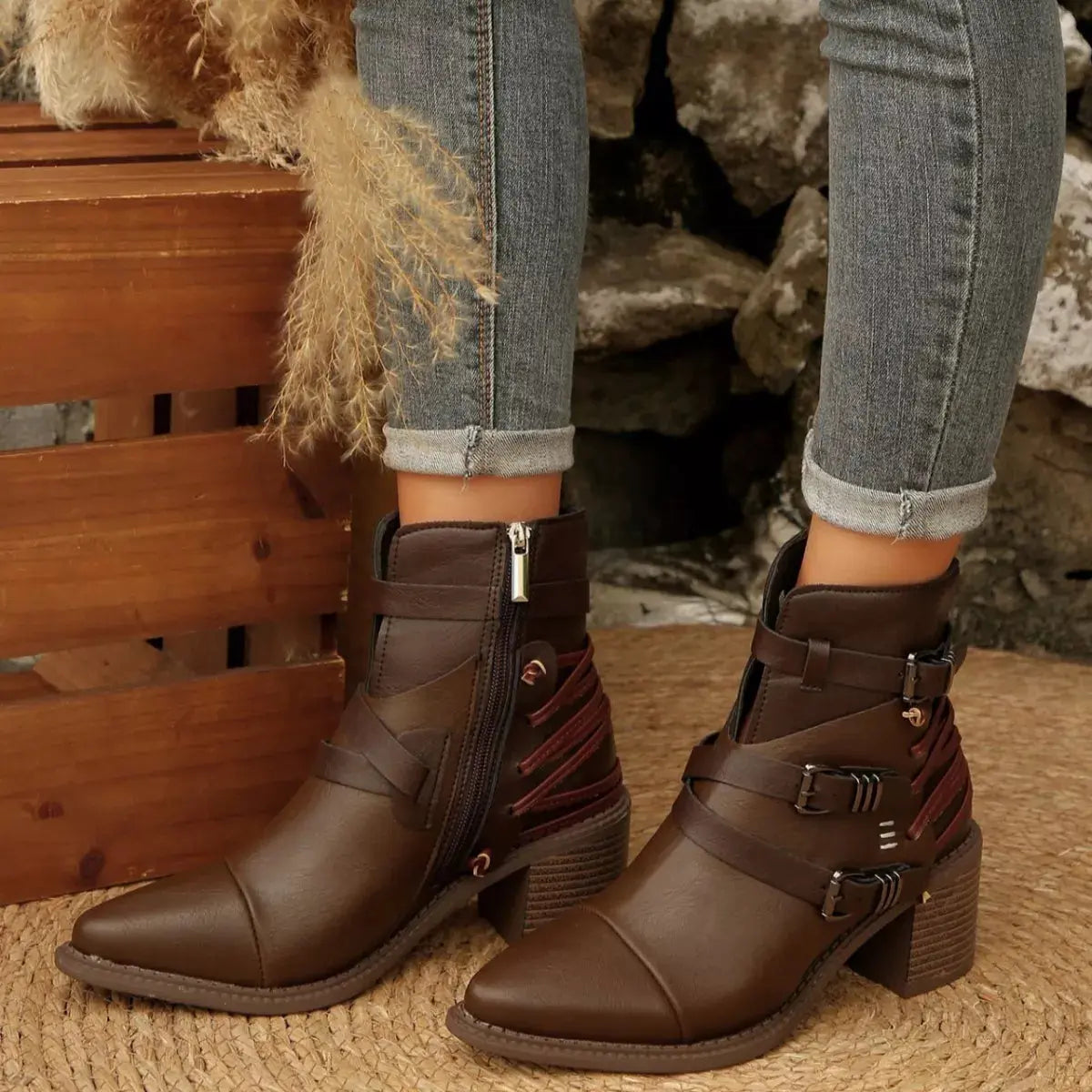 Point Toe Buckle Strap Ankle Boots with Block Heels Simply Love