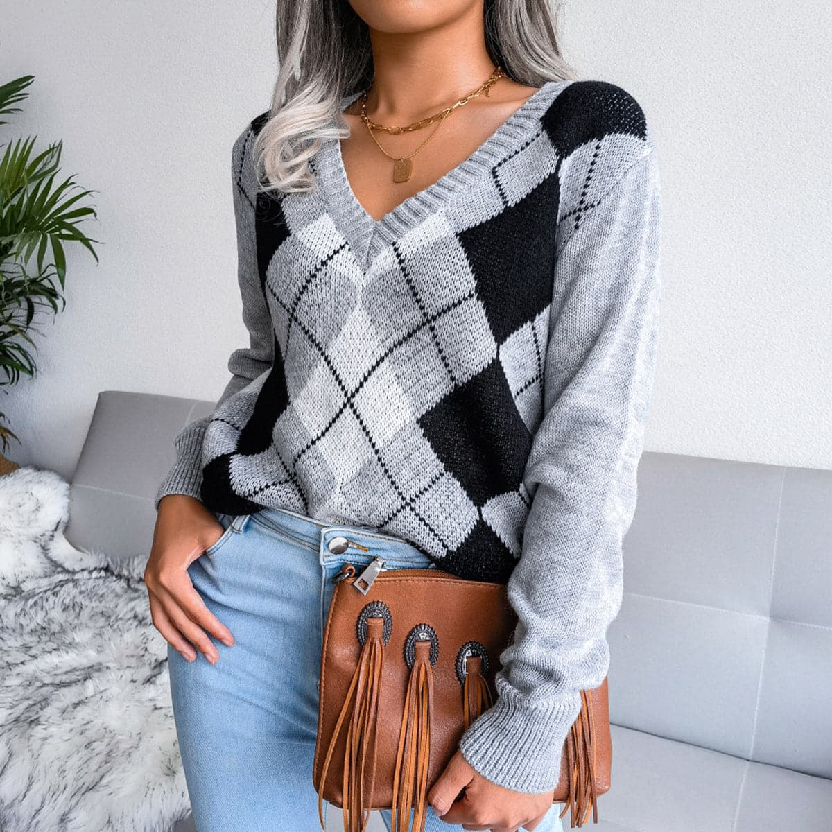 Geometric V-Neck Sweater.