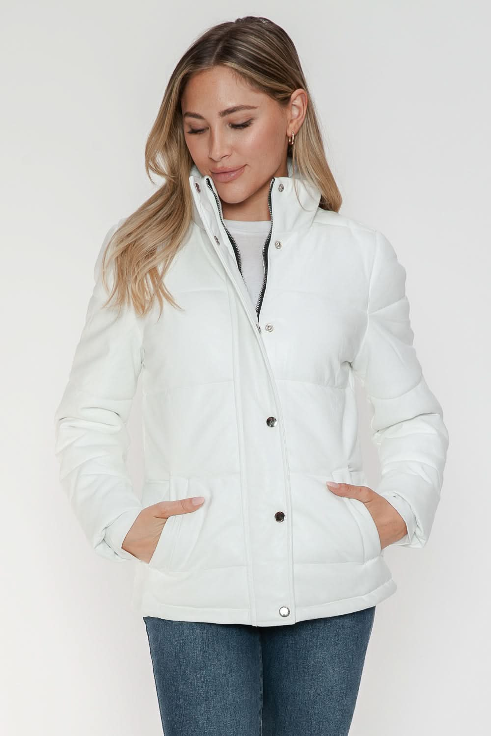 YMI Pocketed Zip Up Turtleneck Puffer Jacket in white, featuring a cozy turtleneck design and convenient pockets.