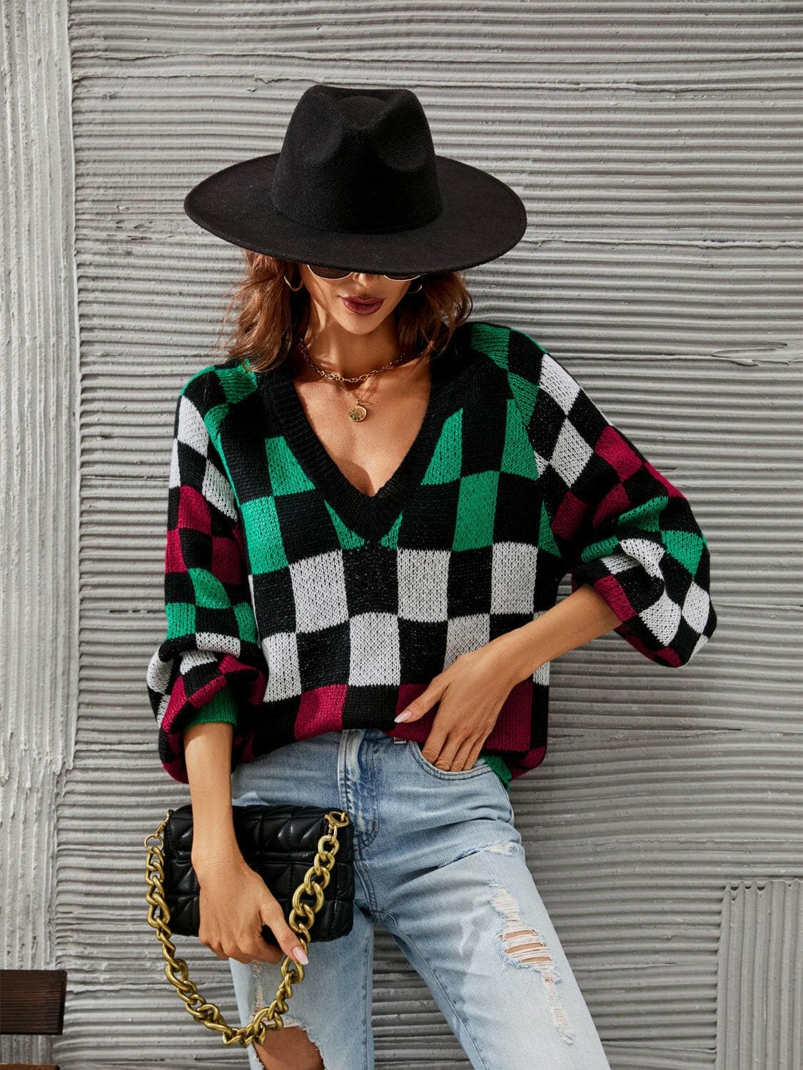 Checkered V-Neck Lantern Sleeve Sweater.