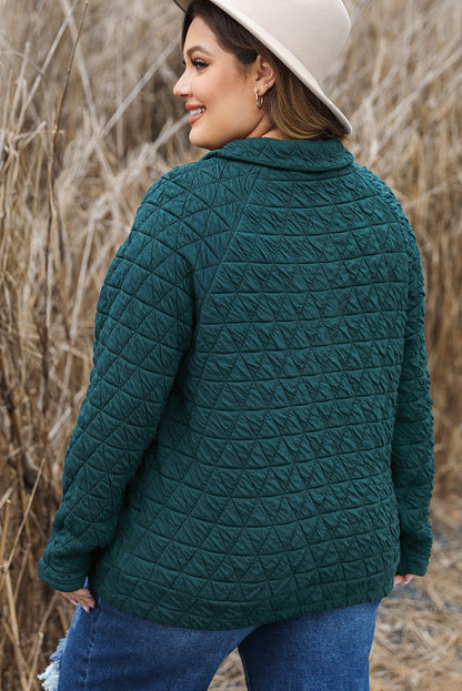 Plus size quilted sweatshirt in blackish green with pocket and button detail