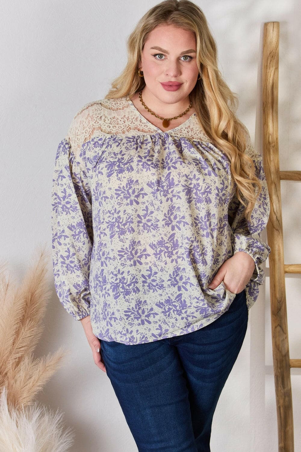 Hailey & Co Full Size Lace Detail Printed BlouseExperience Elegance and Style
 The Hailey &amp; Co Full Size Lace Detail Printed Blouse is the perfect combination of delicate lace accents and vibrant prints, makinLove Salve Full Size Lace Detail Printed BlouseBlouses