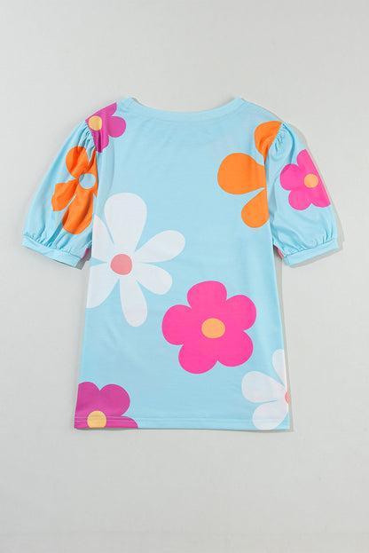 Sky Blue Floral Bubble Sleeve Top