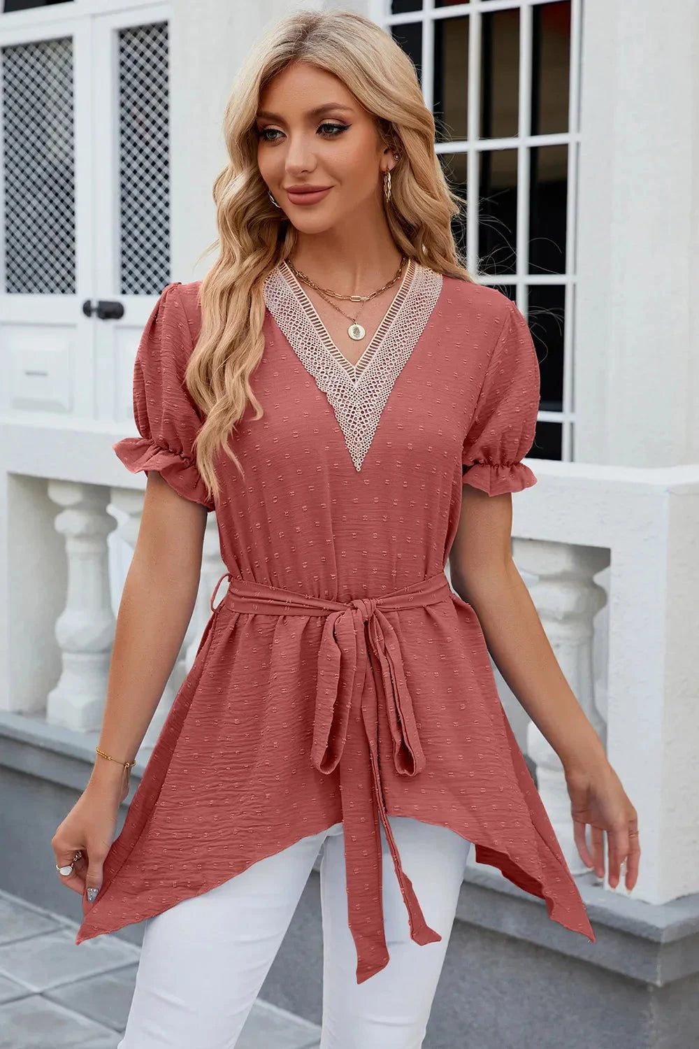 Swiss Dot Tie Waist Flounce Sleeve Blouse Coco’s Tee Boutique