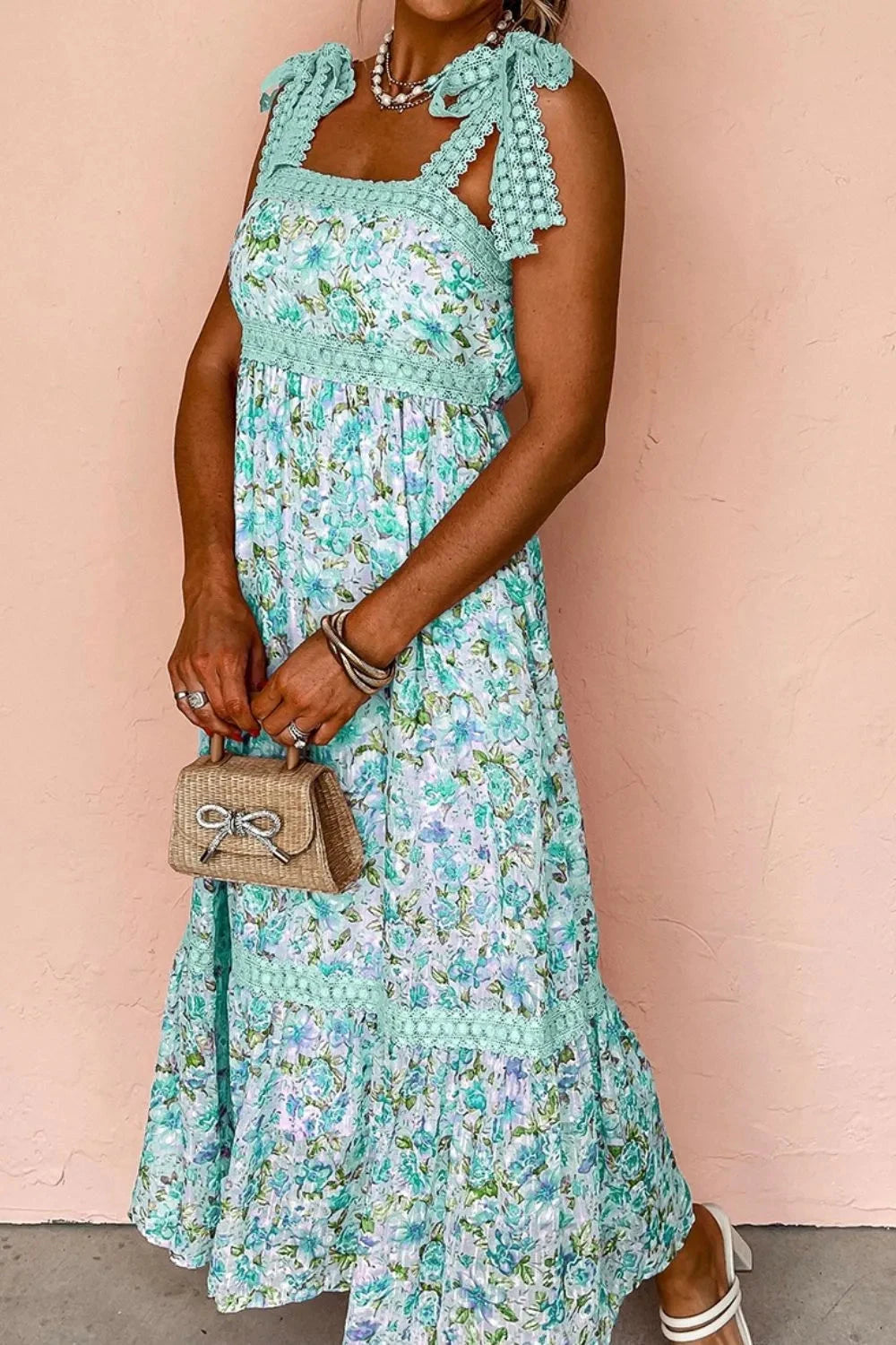 Lace Detail Square Neck Floral Dress Simply Love