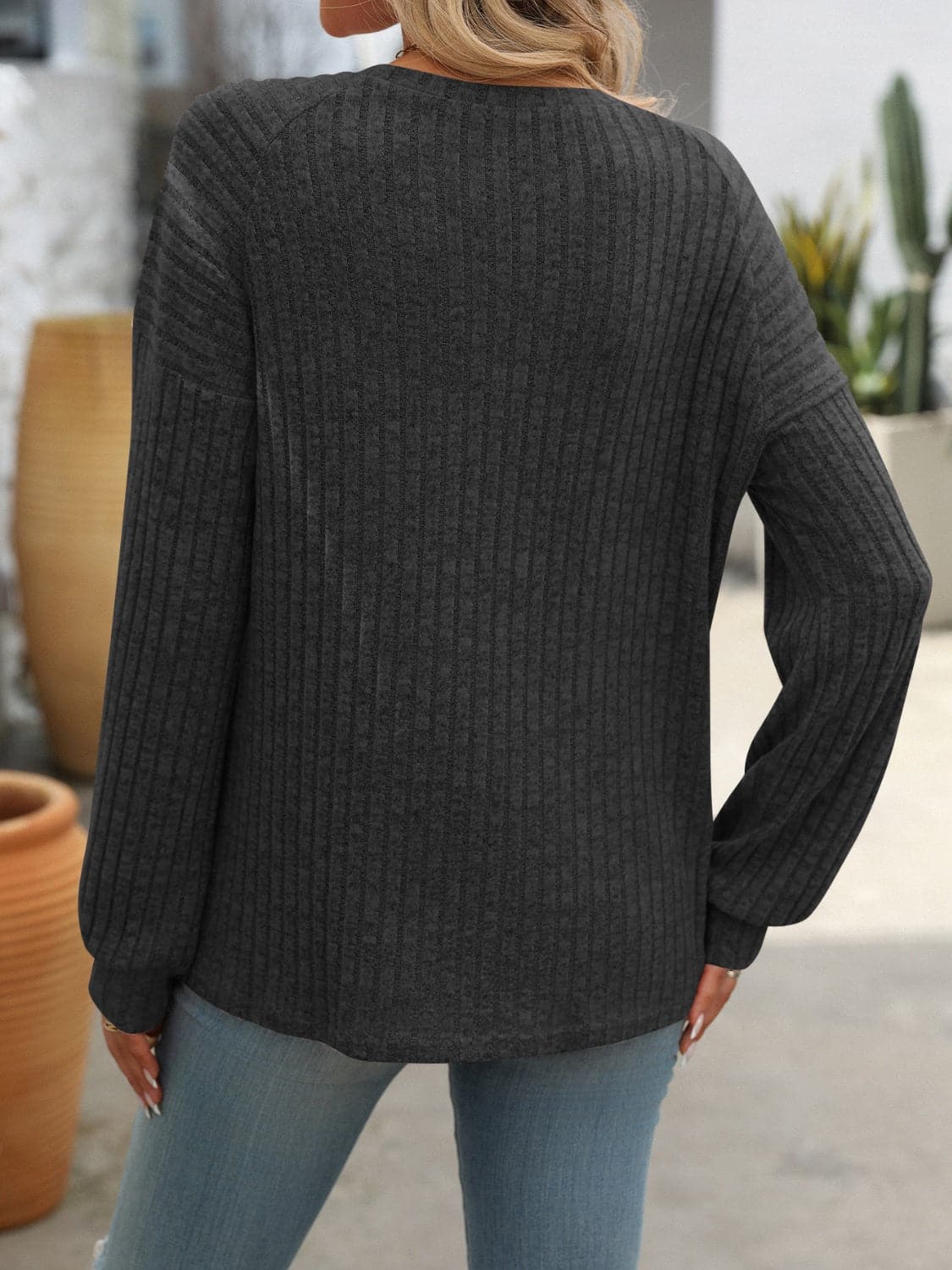 Decor Button Long Sleeve Ribbed T-Shirt.