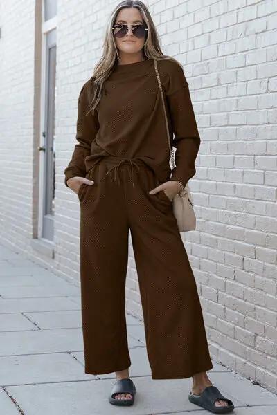 Double Take Full Size Textured Long Sleeve Top and Drawstring Pants Set - Love Salve