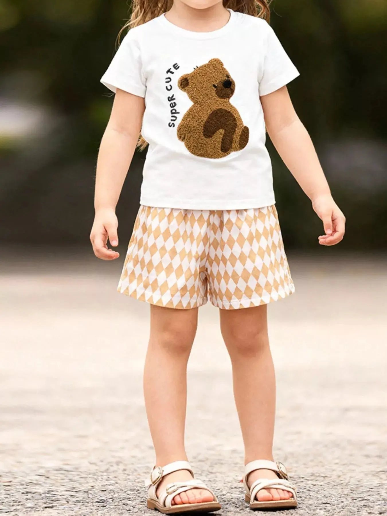 Children's Bear Graphic Tee & Diamond Pattern Shorts Set Simply Love