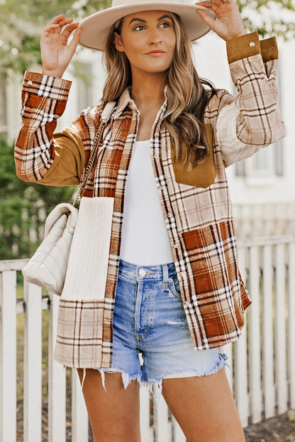 Vibrant orange plaid patchwork shirt jacket with practical pockets