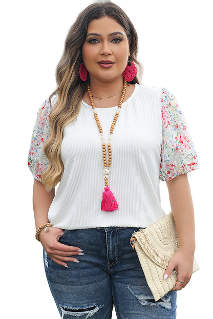 Chic floral puff sleeve plus size ribbed knit blouse in white