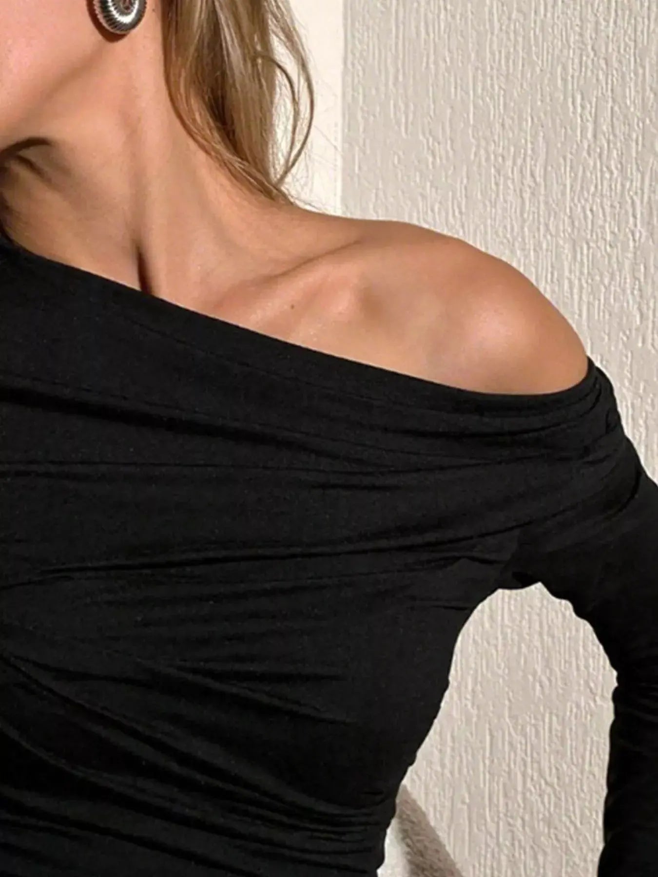 Off-Shoulder Ruched Long Sleeve T-Shirt Simply Love