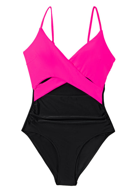 Chic rose red cutout colorblock monokini with crossover design