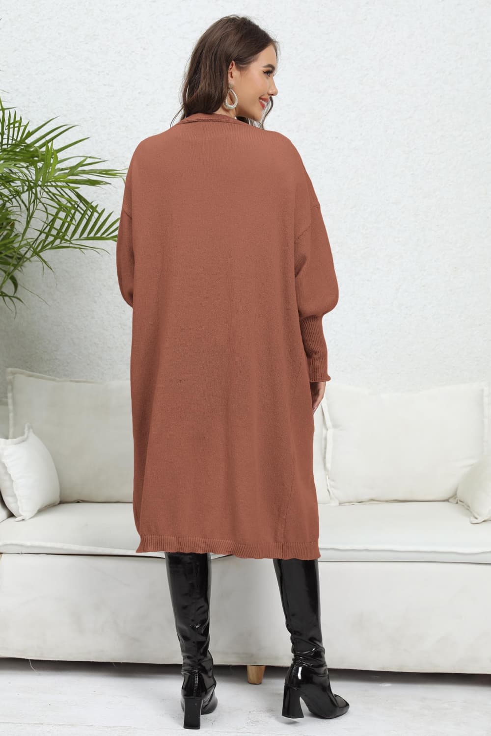 Lantern Sleeve Open Front Pocketed Cardigan.