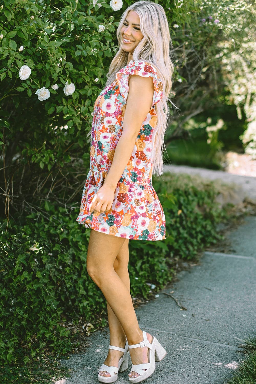 Ruffled Printed Cap Sleeve Mini Dress.