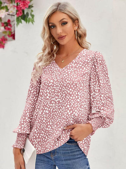 Printed V-Neck Lantern Sleeve Blouse.