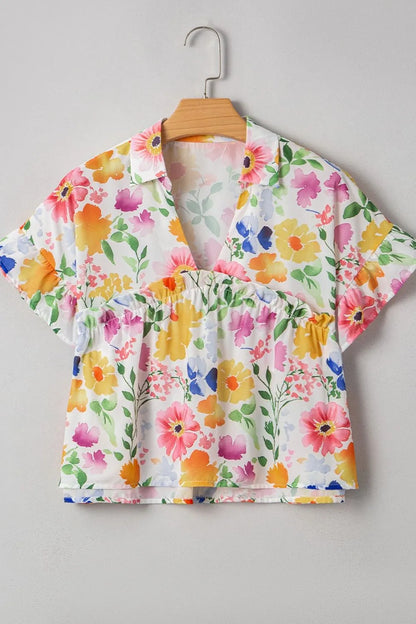 Floral Boxy Fit Ruffled Short Sleeve Blouse