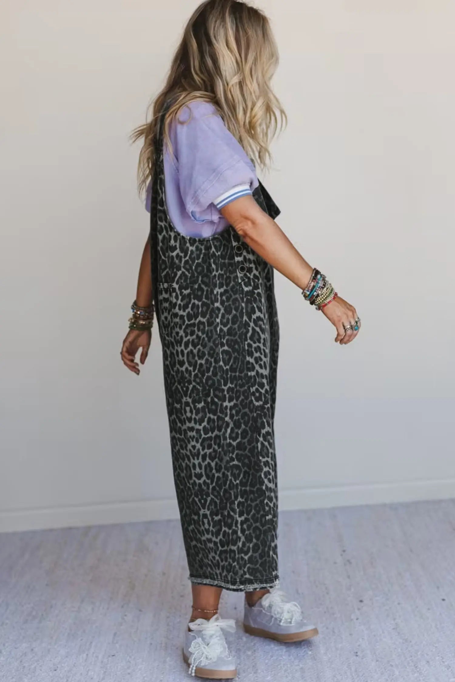 Gray Leopard Print Denim Overalls With Button Adjustable Straps Cropped Fit Dear-Lover Dropshipping