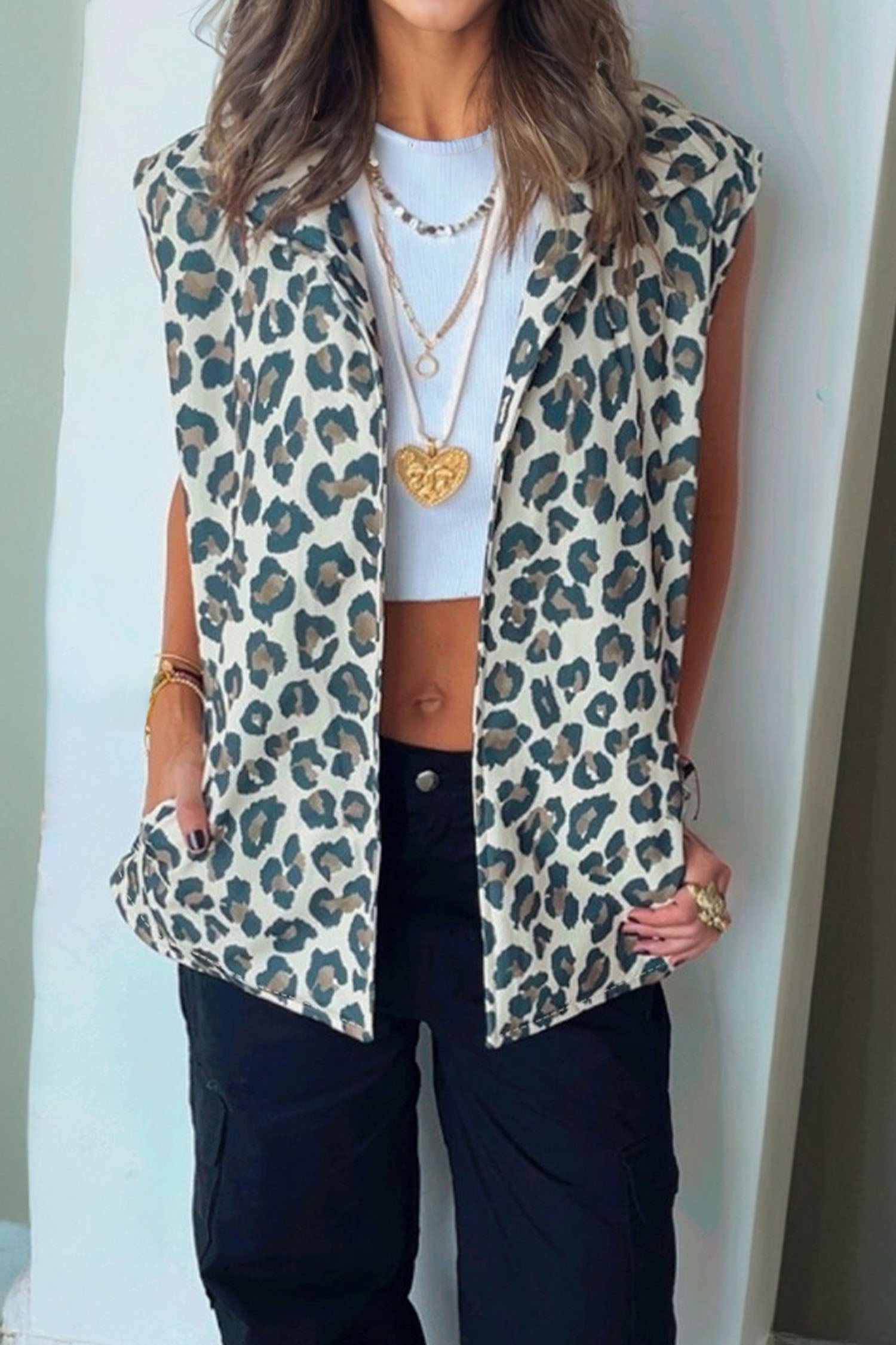 Brown Leopard Print Open Front Jacket Vest For Women Dear-Lover Dropshipping