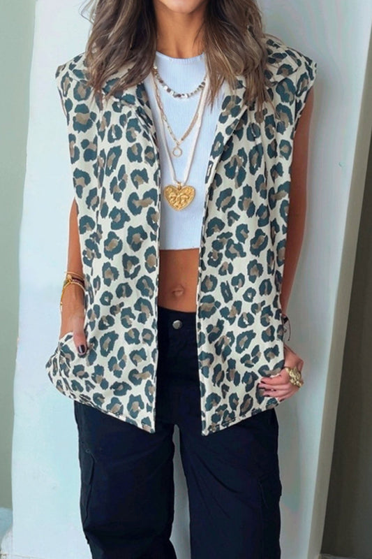 Brown Leopard Print Open Front Jacket Vest For Women Dear-Lover Dropshipping
